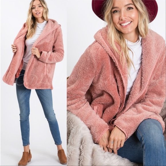 MODA ME COUTURE Tops - Cozy Sherpa Fur Hoodie Teddy Coat - Pink